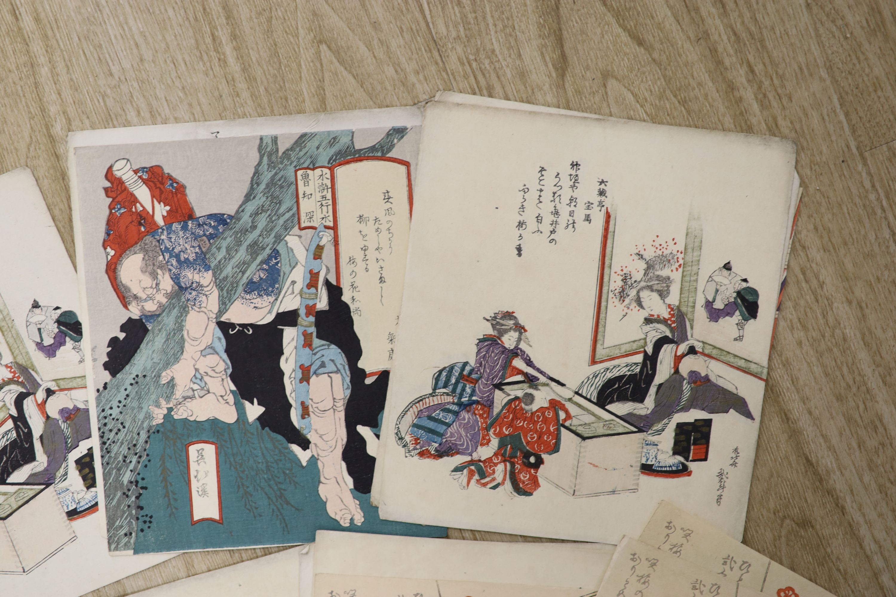 Japanese School, a group of unframed woodblock prints including studies of fish, 22 x 18cm